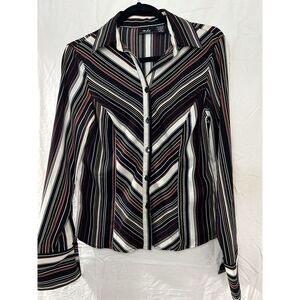 MDS California Striped Button Down Shirt‎ Blouse Womens S Black Red White Yellow